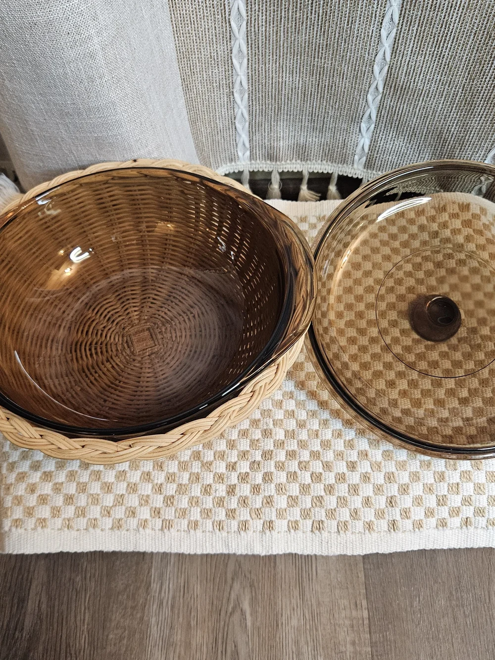 Vintage Pyrex Brown Amber Glass Casserole Dish with Lid And Wicker Basket